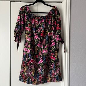 Vince Camuto Floral Print Dress Off Shoulder Tie Sleeve‎ Black Size 6